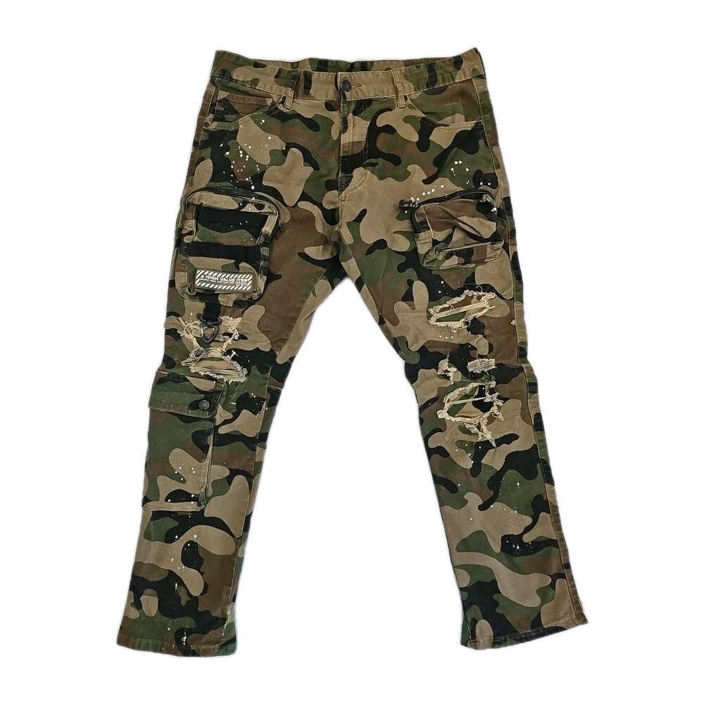 Smoke Rise CAMO Spatter MULTI CARGO XXL STRAIGHT Army Pants Zip Pockets Pouch